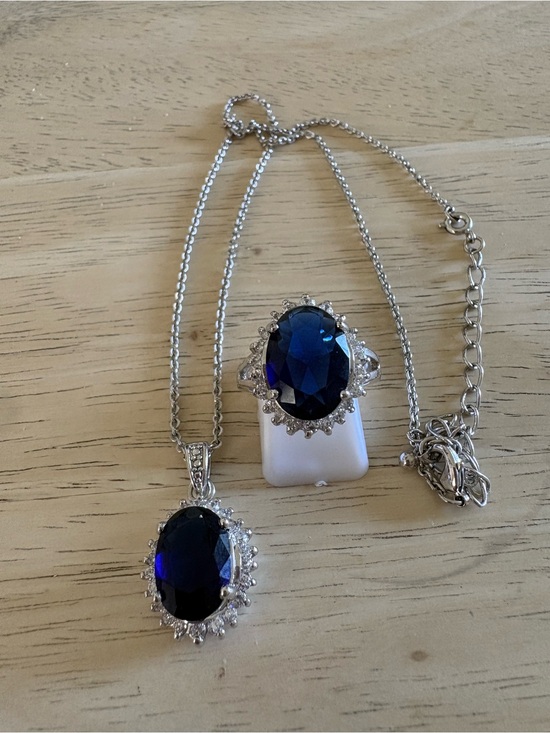 Avon Jewelry - Avon Silver-Tone Deep Blue Oval Crystal Necklace and Ring Set